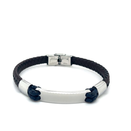 Heren armband - Armband Leer - Bruin/ Blauw gevlochten Armband met haak sluiting- Stainless steel - valentijn cadeautje voor hem
