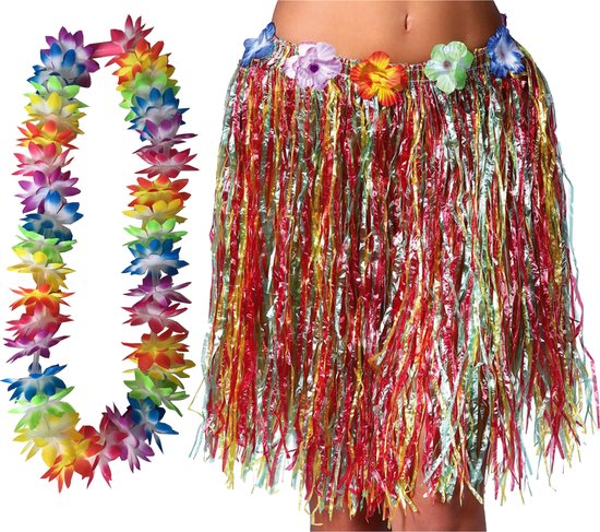 Toppers - Hawaii verkleed hoela rokje en bloemenkrans met led - volwassenen - multi - tropisch themafeest