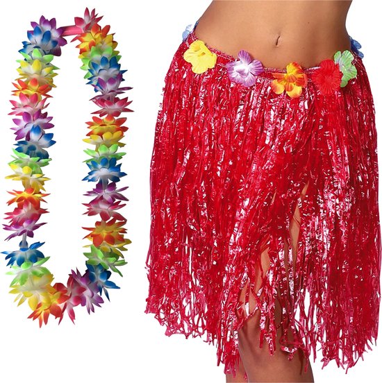 Toppers in concert - Hawaii verkleed hoela rokje en bloemenkrans met led - volwassenen - rood - tropisch themafeest