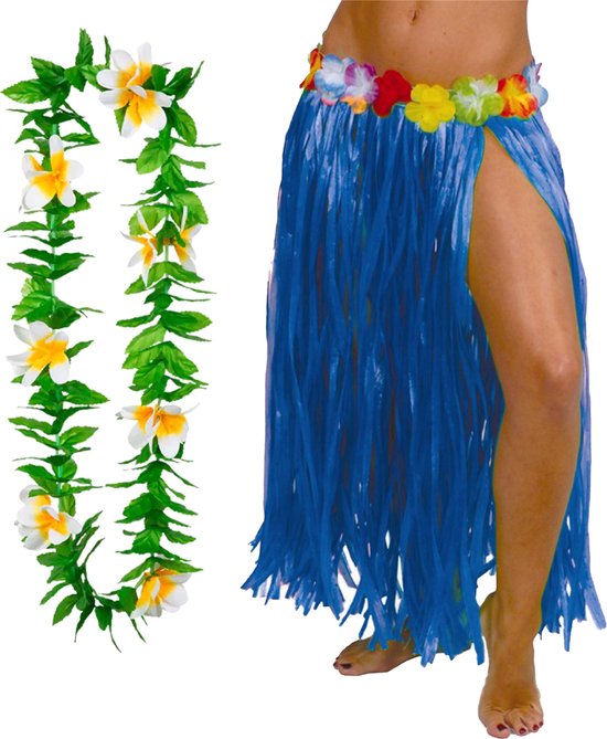 Toppers in concert - Hawaii verkleed rokje en bloemenkrans - volwassenen - blauw - tropisch themafeest - hoela
