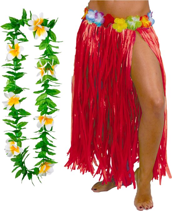 Toppers in concert - Hawaii verkleed rokje en bloemenkrans - volwassenen - rood - tropisch themafeest - hoela