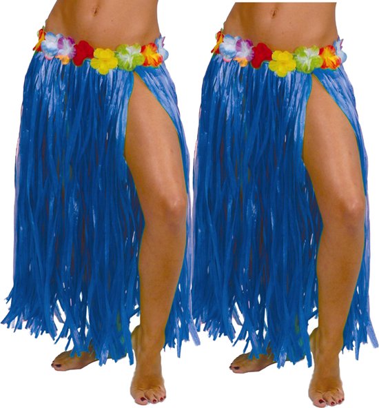 Fiestas Guirca Hawaii verkleed rokje - 2x - voor volwassenen - blauw - 75 cm - hoela rok - tropisch