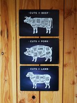 3x butchers guide - lam - varken - koe - bbq - wandbord - wandbord voor buiten - metalen wandbord - mancave - barbeque