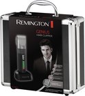Koffer met Remington Genius tondeuse, oplaadstation en afbeelding van een man.
