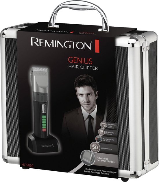 Koffer met Remington Genius tondeuse, oplaadstation en afbeelding van een man.