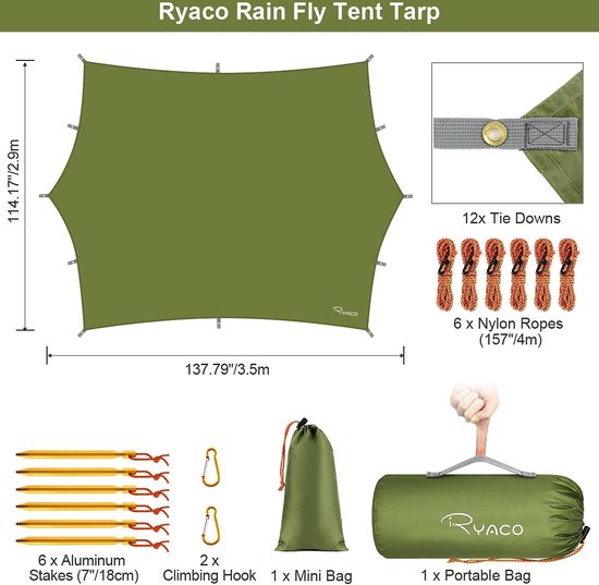Ryaco Outdoor Tentzeil - Campingzeil - Zonnescherm met Opbergtas - Waterdicht - UV-Bestendig - Tarps voor kamperen - 3-4 Personen - 290 x 350 cm - Groen - Ryaco