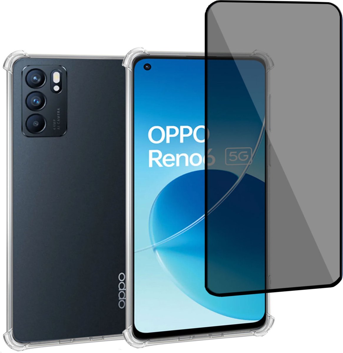 Geschikt voor OPPO Reno 6 - Hoesje + Privacy Screenprotector – Privé - Gehard Glas Cover