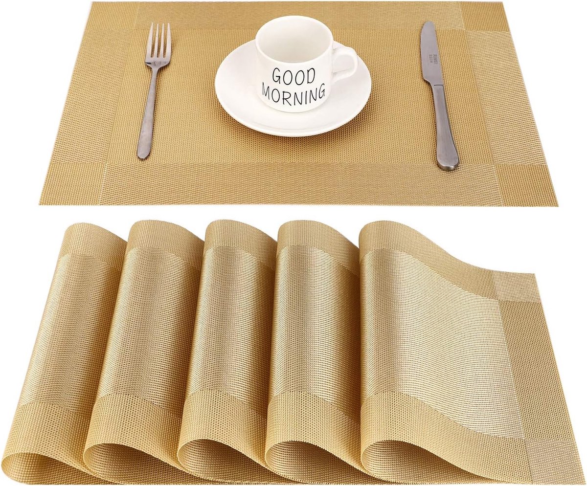 Placemats, afwasbare placemats, set van 6 wasbaar, PVC, hittebestendige placemats, vinyl placemats, vuilafstotende placemats voor thuis, restaurant, keuken en eettafel, 30 x 45 cm