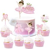 Ballerina Taart Topper en Cupcake Topper Set - 7-Delig - Happy Birthday - Roze - Kroon - Dansen - Taart Versiering - Verjaardag Versiering - Taart Decoratie - Kinderfeestje - Toppers - Taarttopper - Cake Topper - Meisjes