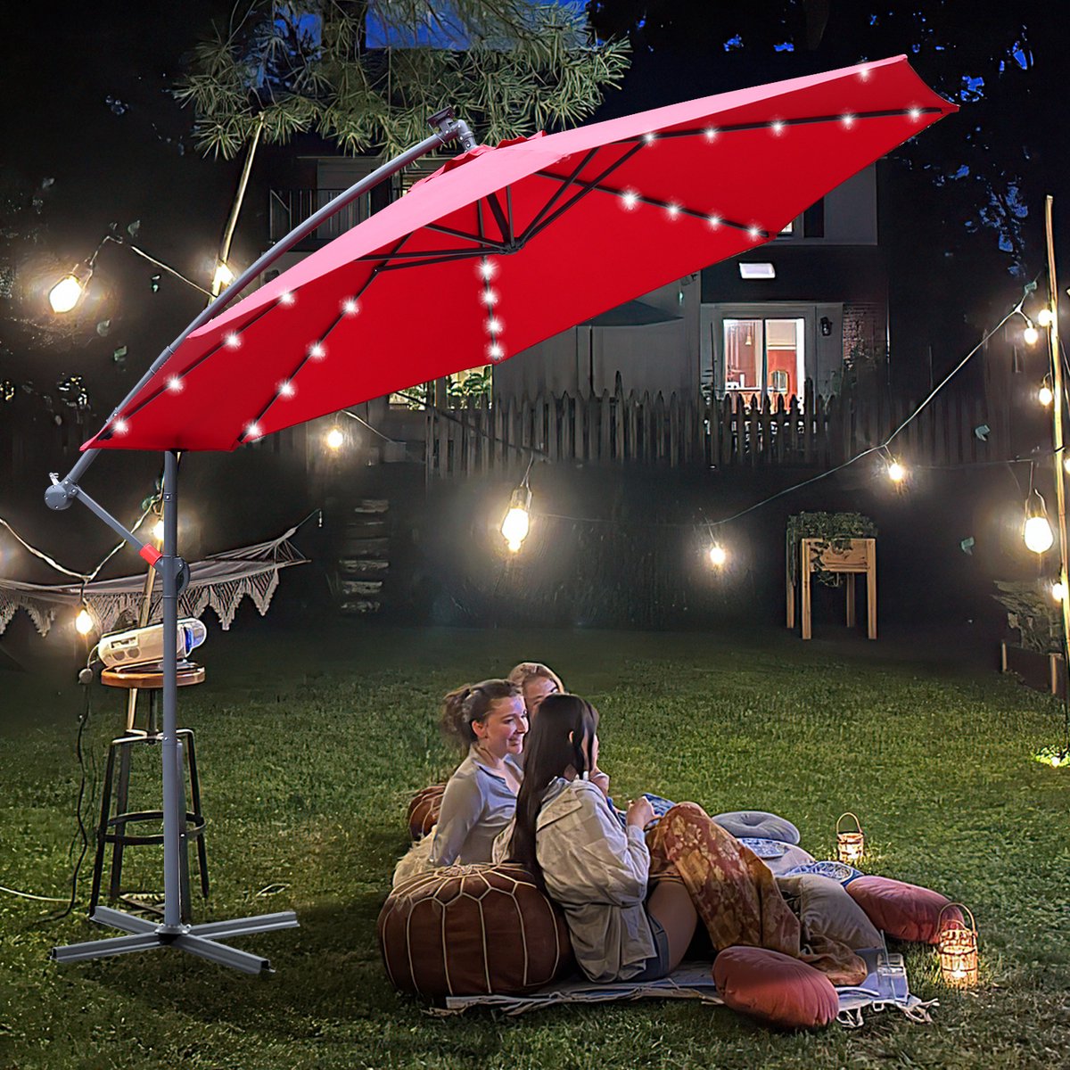 Zweefparasol - Strandparasols - Balkonparasols - Solar LED parasol Waterdicht - Parasol - Parasols - Ø 300cm - 3m - Tuinparasol - Zonne-energie - Rood- Draai- en Kantelbaar - 360° draaibaar - Duurzame Zweefparasol - Met voet – foto 5