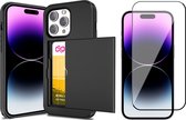 Hoesje met Pasjeshouder geschikt voor iPhone 15 Pro - Screen Protector FullGuard - Back Cover SlideCase Zwart & Screenprotector