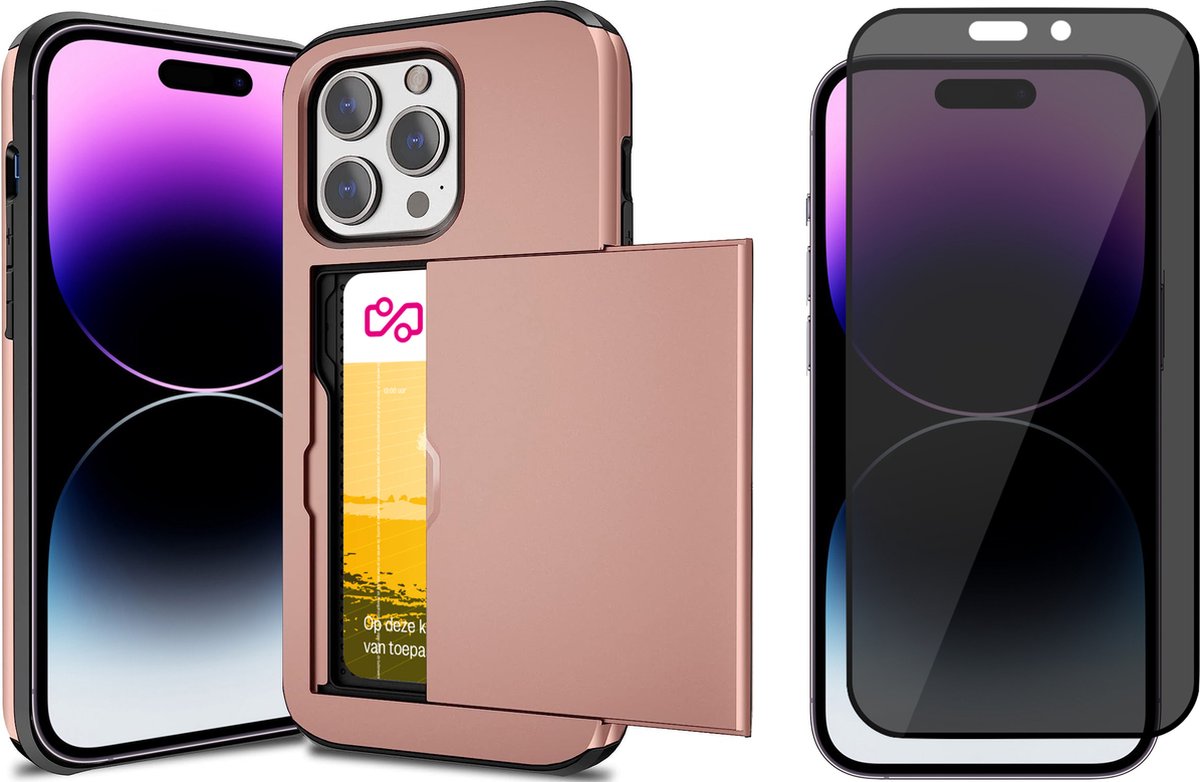 Hoesje met Pasjeshouder geschikt voor iPhone 15 Pro - Privacy Screen Protector FullGuard - Back Cover SlideCase Roségoud & Screenprotector