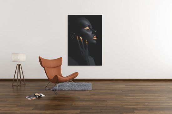 Foto Op Canvas - Vrouw - Gouden Make-up - Wall Art - 90x60x2 cm