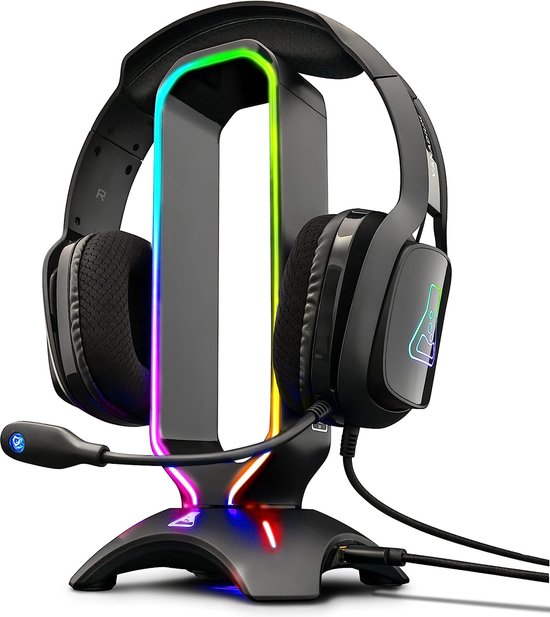StayPowered Headset Houder - Jouw Ultieme Gaming-Headset Standaard & USB-Hub in Één! - Verschillende Lichtmodi - Multifunctioneel - Elegant en Stabiel Design - Eenvoudige Installatie - Zwart - Levering Sneller dan Aangegeven!