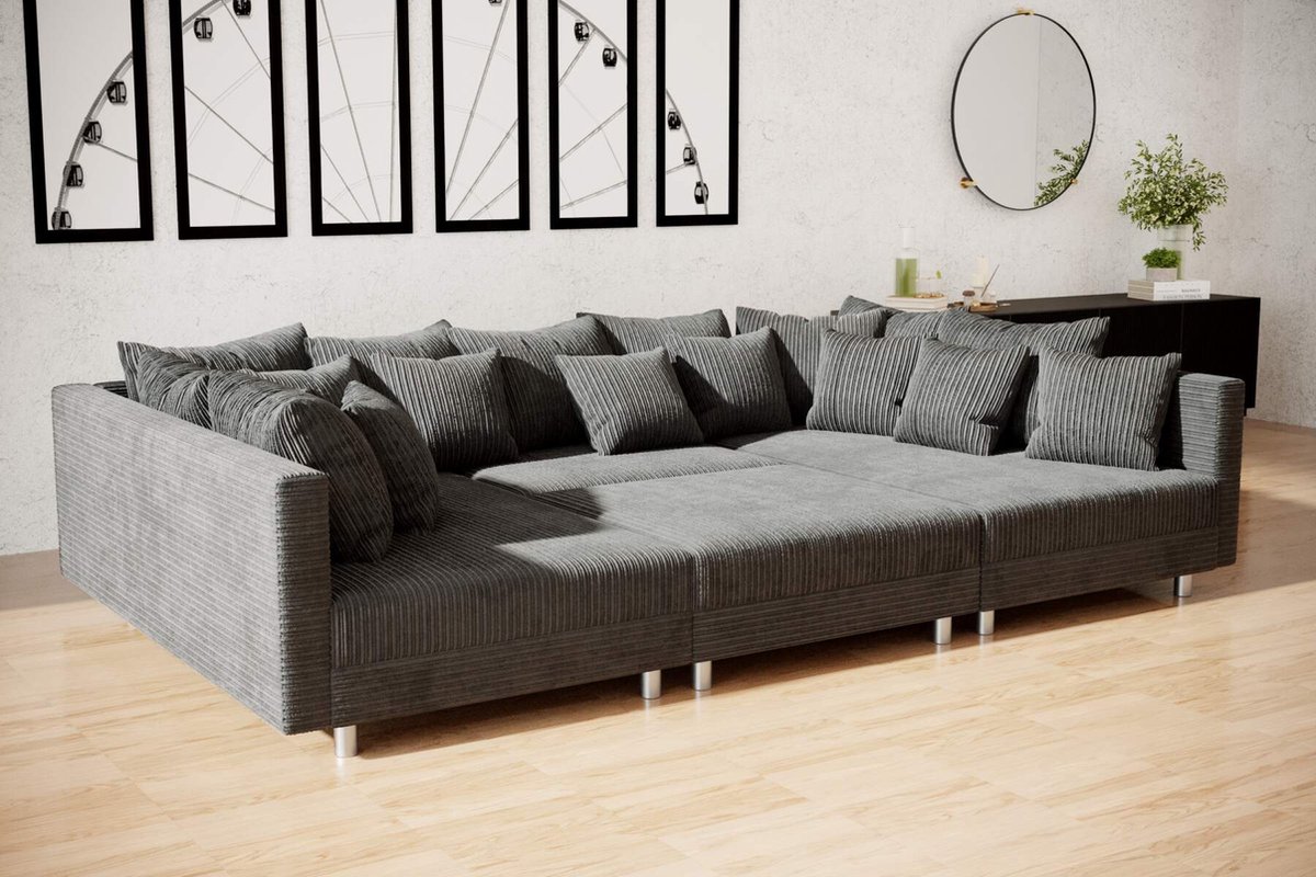 hoekbank denver U - corduroy donkergrijs- met poef (hocker)- hoeksalon wooneiland met poef- seatsandbeds