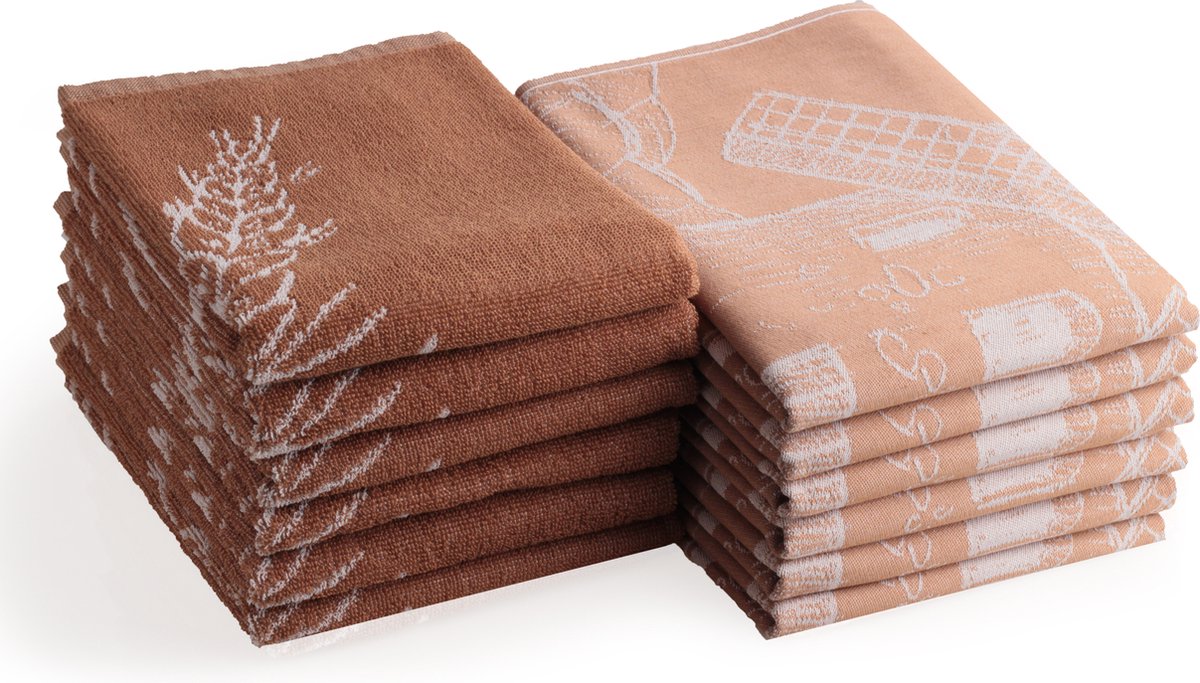 DoubleDry Theedoeken en Keukendoeken Set - 12 Stuks - 100% Katoen - Hoge Absorptie & Duurzaam - Molen, Bruin