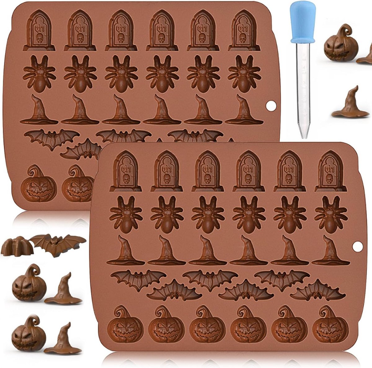 Bakplaat - SpookyShapes: Halloween Silicone Delights - Set van 2 voor Chocolade, Snoep, Gelei, Bonbons, IJsblokjes en Zeep
