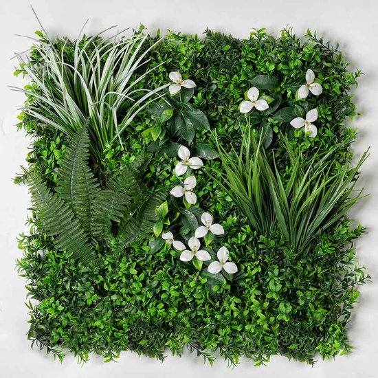 Kunsthaag plantenwand - Planten muur - Voor binnen - Witte bloemetjes en gras