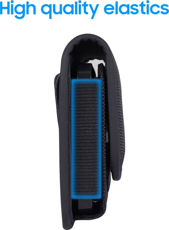 Vue latérale d'un holster de téléphone noir avec le texte 'High quality elastics'.