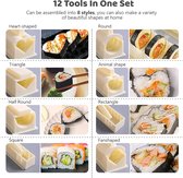 Sushi Maker Set van 12 stuks, complete sushi-set met 8 verschillende vormen van sushi-rijstrol, doe-het-zelf-sushi-gereedschap met sushi-mes, off-white