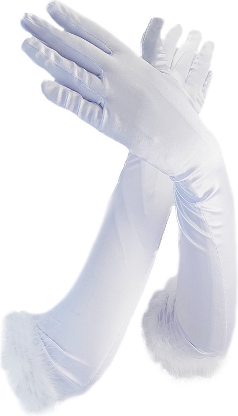 BamBella® - Handschoenen feest Lang wit met dons veren rand- dames - One Size