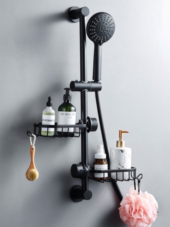 Foto: 2 stuks zeepbakjes voor glijstang zwart universeel incl reduceer ringen 19mm en 23mm universele montage badkamer accessoires douch garniture keukenkraan plank zeep houder spons houder afwasmiddel houder