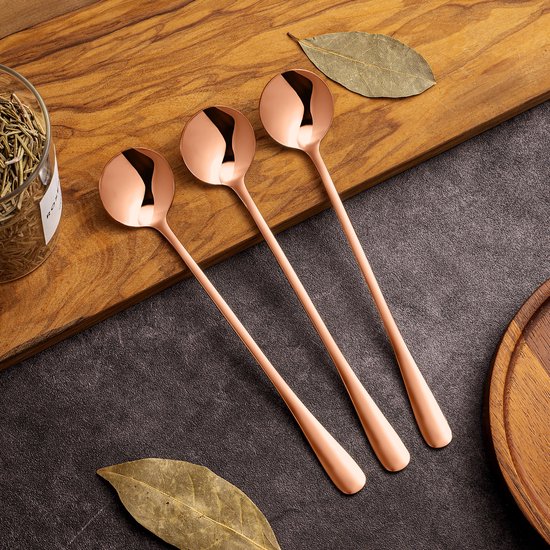 lepels Roestvrijstalen Latte Lange Thee Koffie Lepel Soda Ice Cream Dessert Sundae Lepels Besteksets (Color : Rose Gold, Grootte : 19.4x3.2x1cm
