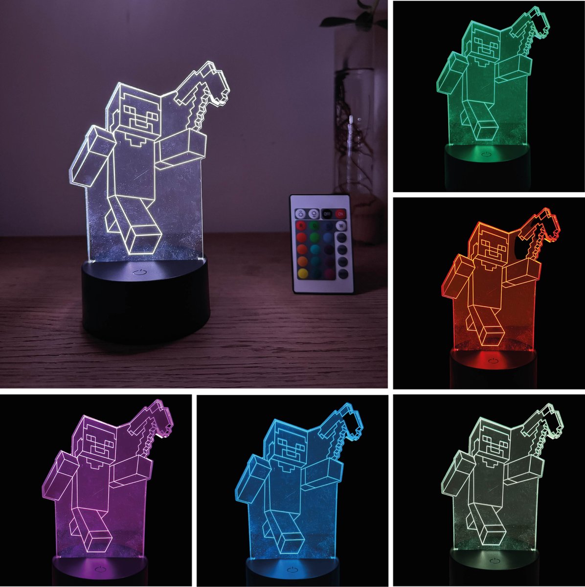 Klarigo® Nachtlamp – Minecraft - 3D LED Lamp Illusie – 16 Kleuren – Bureaulamp - Sfeerlamp – Nachtlampje Kinderen – Creative lamp - Met afstandsbediening