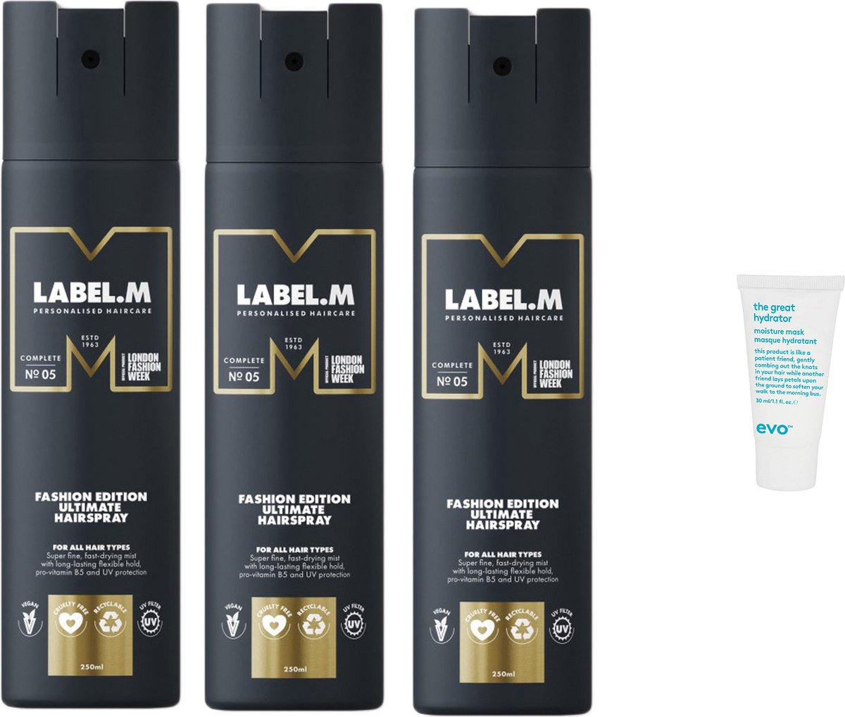 3 x Label.M - Fashion Edition Ultimate Hairspray - 300 ml + Gratis Evo Travelsize