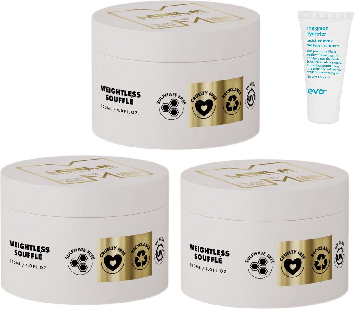 3x Label.M Weightless Soufflé + WILLEKEURIG Travel Size