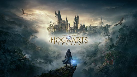 Art de Hogwarts Legacy avec château, dragon volant, oiseau et silhouette en cape utilisant la magie.