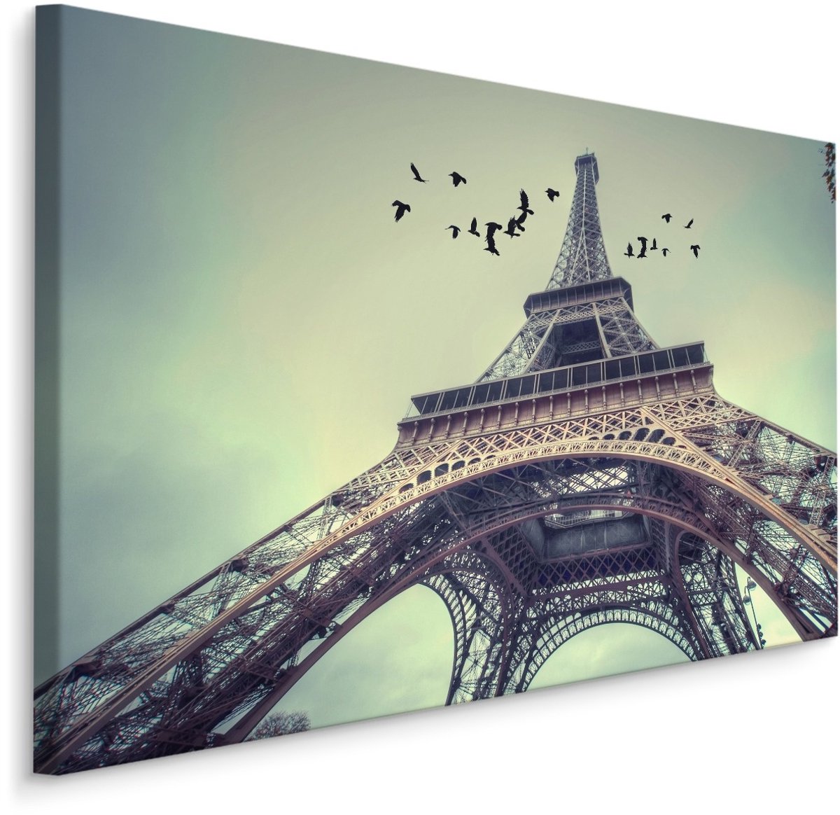 karo-art Schilderij - Zicht op de Eiffel Toren van de grond, Parijs, Premium Print Multikleur