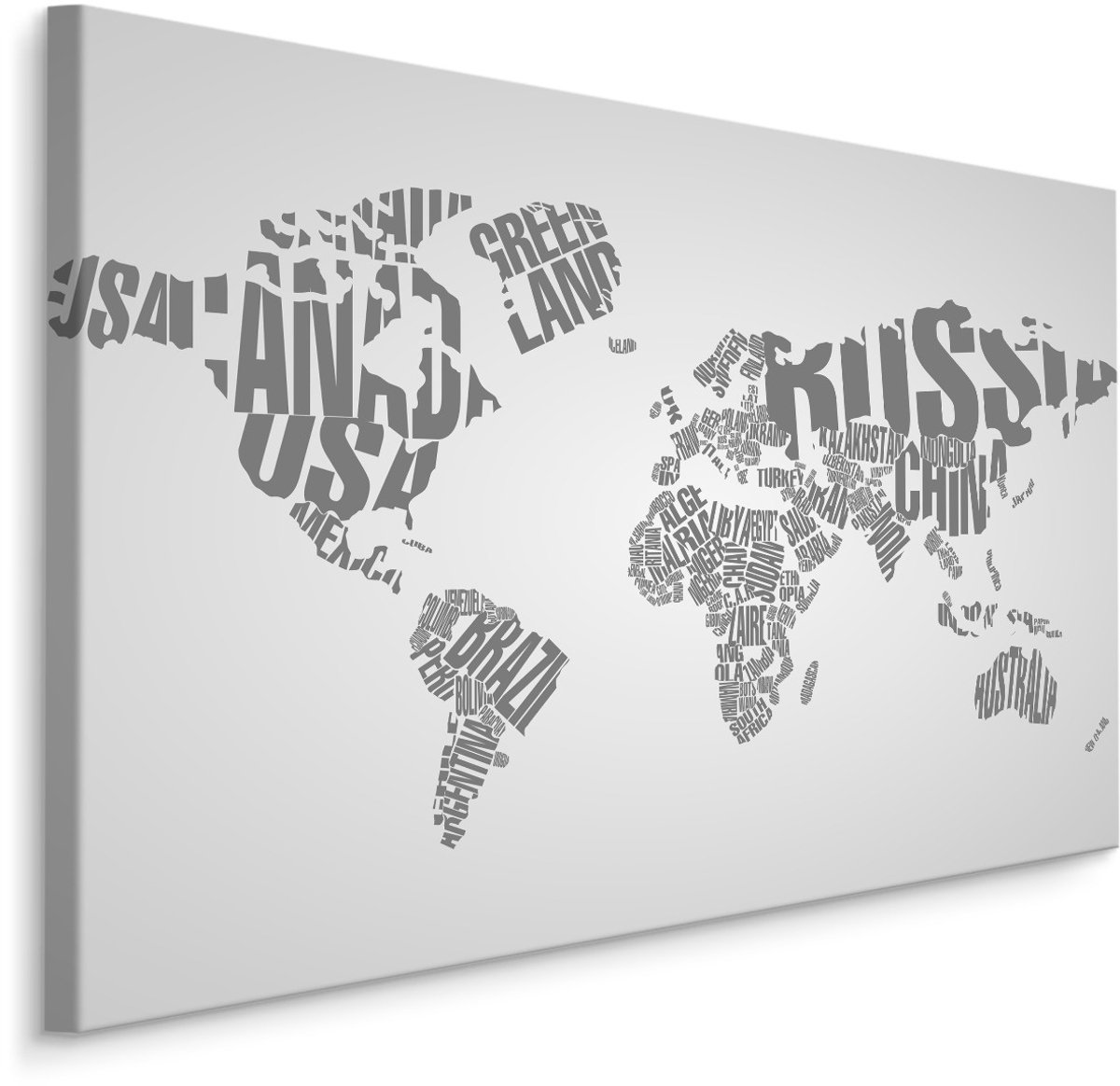 karo-art Schilderij - Wereldkaart met opschriften, grijs/wit, Premium Print Multikleur