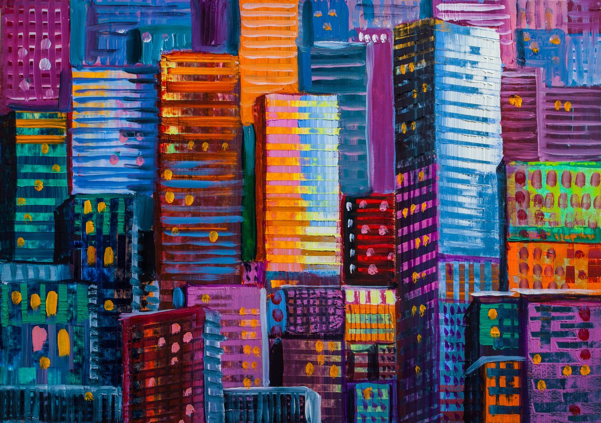 karo-art Poster - Abstracte Gebouwen, Skyscrapers in kleuren, Multikleur, Verpakt in kartonnen rolkoker