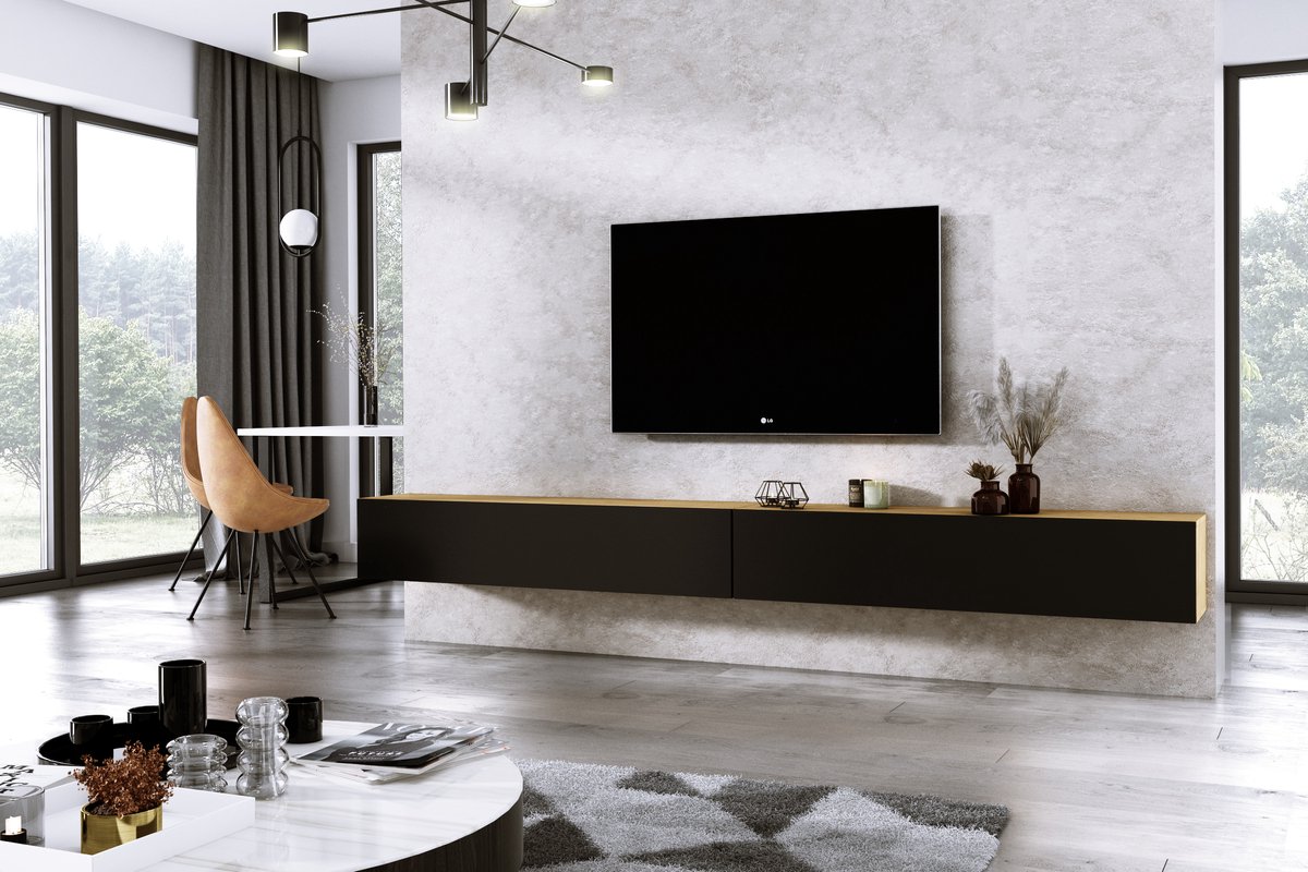 Meubel Square - TV meubel DIAMOND - Eiken / Mat Zwart - 300cm (2x150cm) - Hangend TV Kast