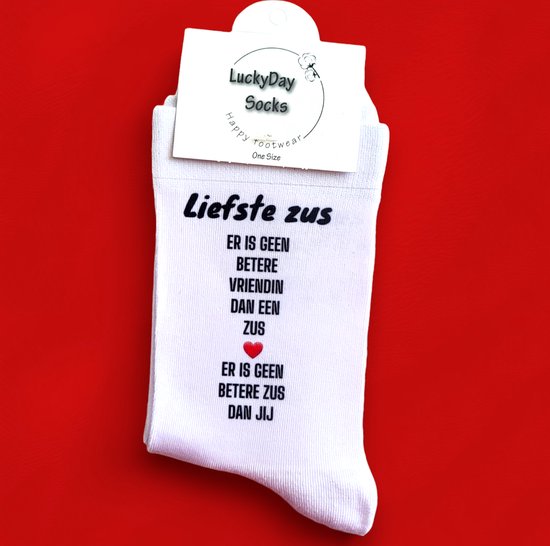 Liefste Zus - Zus - Hou van je - Verjaardag - Gift - Zusje cadeau - Bonuszus - Sokken met tekst - Witte sokken - Cadeau voor vrouw - Kado - Sokken - Verjaardags cadeau voor haar - Moederdag - LuckyDay Socks - Maat 37-44