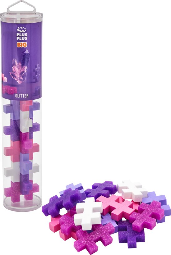 Koker met paarse, roze en witte Plus-Plus BIG glitter bouwstenen en losse onderdelen.