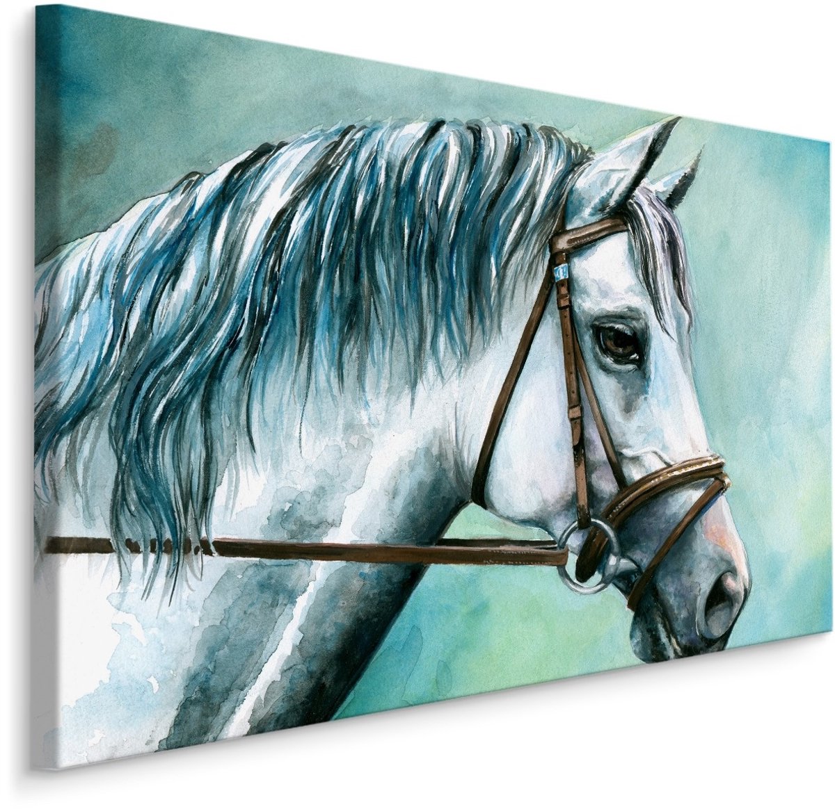 karo-art Schilderij - Prachtig schilderij van een wit paard, print op canvas, premium print Multikleur