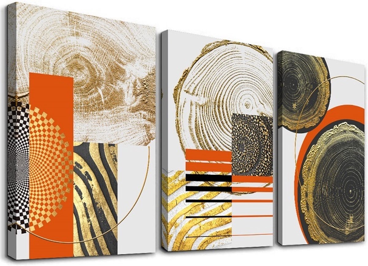 karo-art Schilderij - Houtnerf in abstracte vormen, 120x80 cm. 3 luik, wanddecoratie Multikleur