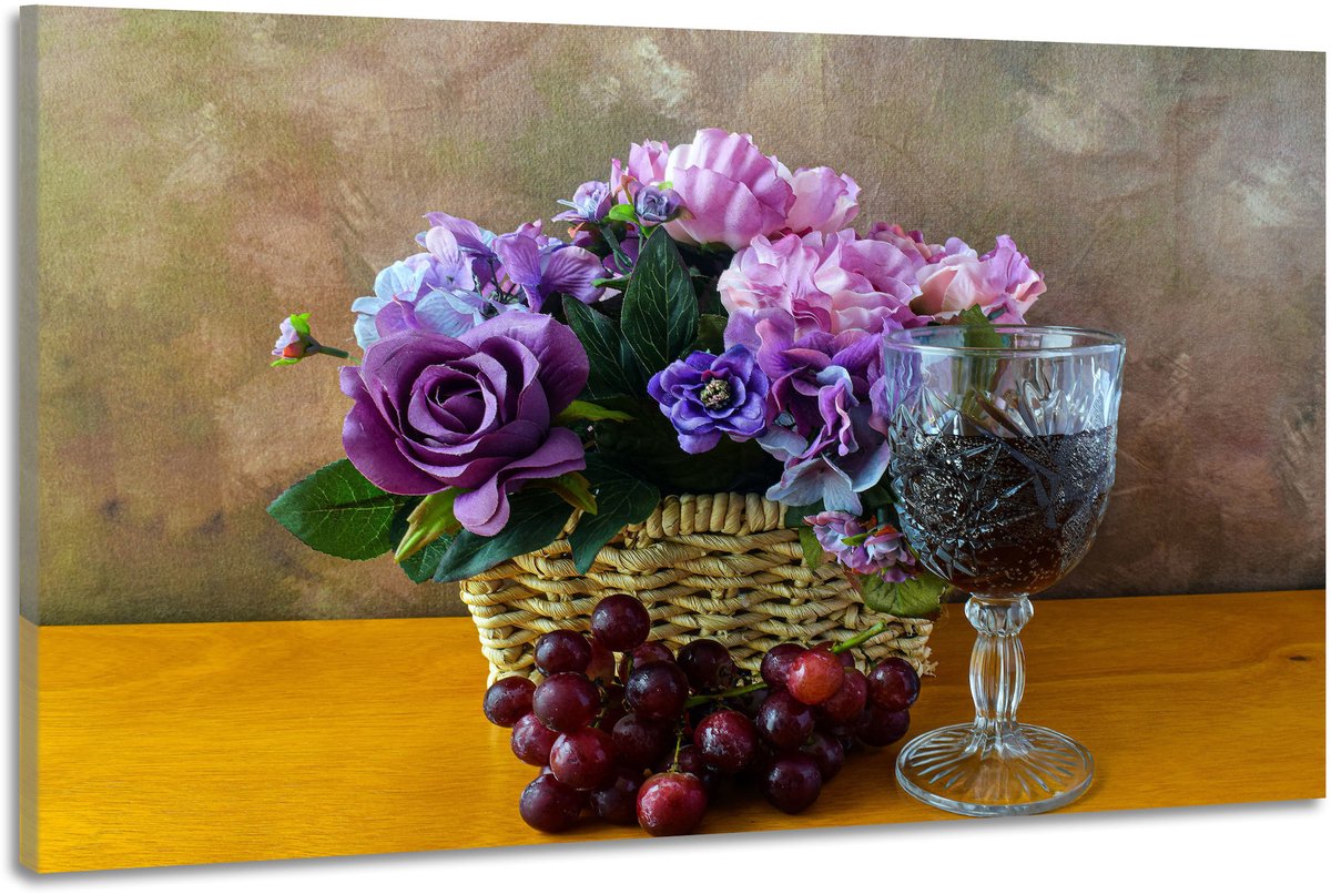 karo-art Schilderij -Druiven met een glas wijn en bloemen, 100x70cm. Premium print, wanddecoratie Multikleur