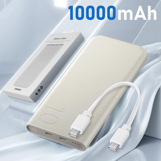 Beige 10.000mAh powerbank met '10' erop en witte USB-C kabel.