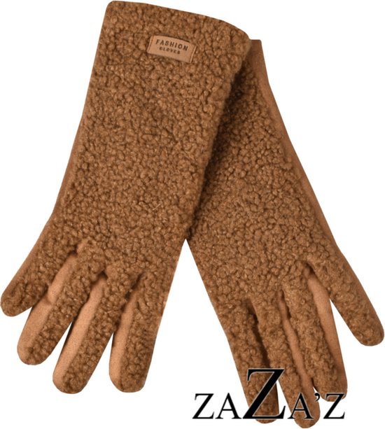Dames handschoenen- Bruin kleurig - onderkant stof suéde look- Teddy - met touchscreen tip