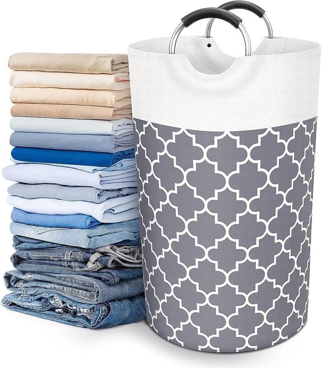 Goedkoopste 63L opvouwbare wasmanden, container voor vuile was, ronde waszak met handgrepen, vrijstaande wasmand voor slaapkamer, badkamer, kinderkamer, bijkeuken (grijs