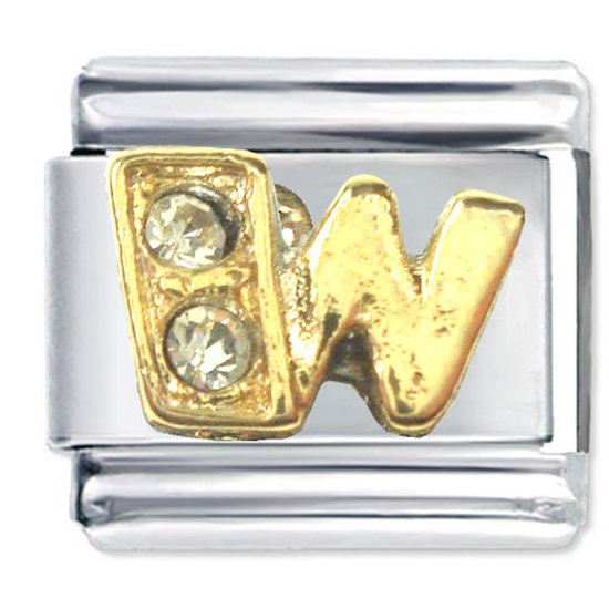 Quiges - Schakel - Bedel - 9mm - charms - Goud - Zirkonia - alfabet - letter W - Geschikt voor - Nomination- armband - Schakelarmband - italy bedels armband