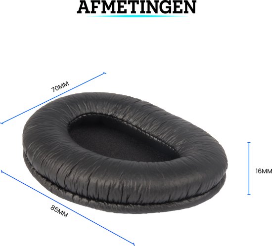 Afmetingen van een zwart, ovaal oorkussen met gevuld kunstleer: 85mm breed, 70mm hoog en 16mm dik.