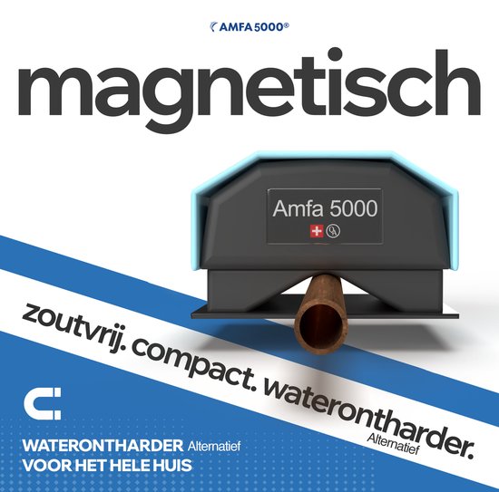 De Amfa 5000 magnetische waterontharder met een koperen leiding. Zoutvrij, compact, waterontharder alternatief voor het hele huis.