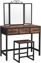 Kaptafel met 3-delige Klapspiegel - Make Up Tafel Set met Kruk - Industrieel Vintage Bruin-Zwart - Ruime Lades en Haakjes