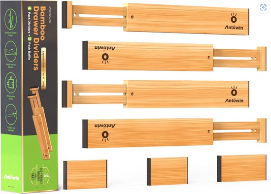 Antowin 10 stuks ladeverdelers verstelbaar bamboe, lade-organizer, geveerd, keuken, commode, badkamer, slaapkamer, babylade, bureau-opbergsysteem (43 - 56 cm Antowin 10 stuks ladeverdelers verstelbaar bamboe, lade-organizer, geveerd, keuken, commode, badkamer, slaapkamer, babylade, bureau-opbergsysteem (43 - 56 cm