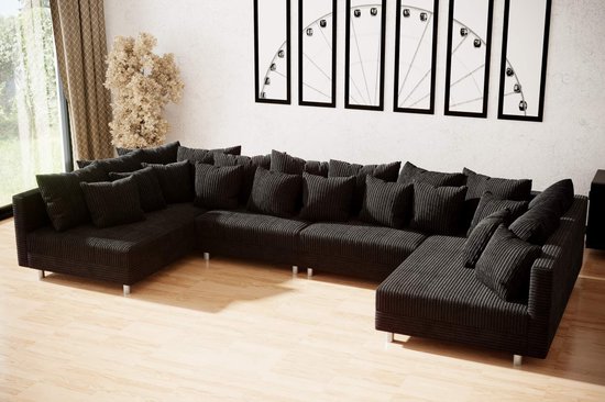 hoekbank denver xxl- corduroy zwart- zonder poef (hocker) - hoeksalon met dubbele lounge- seatsandbeds