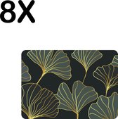BWK Luxe Placemat - Goud met Groene Getekende Bladeren - Set van 8 Placemats - 35x25 cm - 2 mm dik Vinyl - Anti Slip - Afneembaar